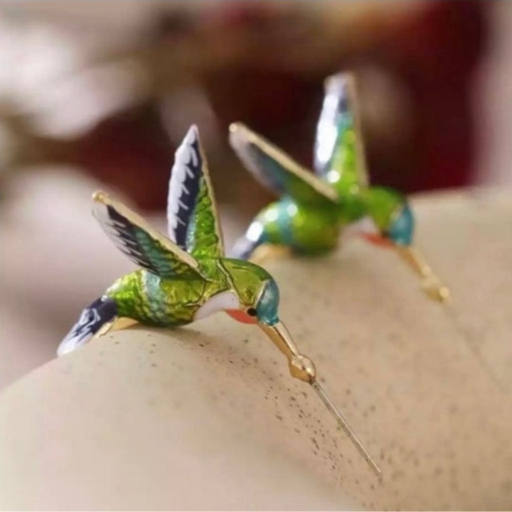 Anthropologie Green and Blue Hummingbird Drop Earrings